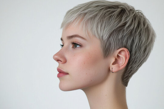 hairstyle haircut Short pixie cut hairstyle with light gray color and natural makeup