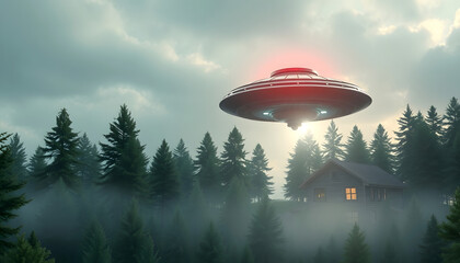 Fototapeta premium UFO flies over the forest and scans the house. 3D Rendering, dinamic scene, with white tones