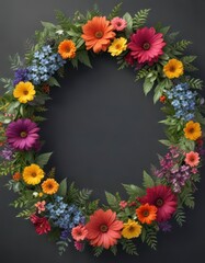 Fototapeta premium Floral wreath border with lush greenery and colorful flowers, outdoor decor, floral wreath