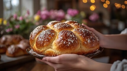 A close-up of a familys hands passing around freshly baked Easter bread, with festive decorations in the background, capturing the essence of sharing holiday traditions