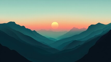 Obraz premium Sunset over layered teal mountains.