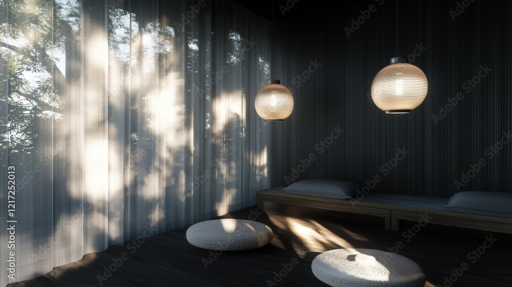 Poster modern and minimalist interior of a room with a large window on the left side. the window is covered