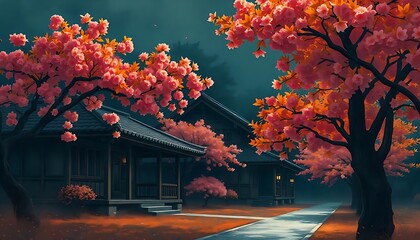 Japanese architecture with cherry blossoms in full bloom at twilight ambiance creates serene atmosphere