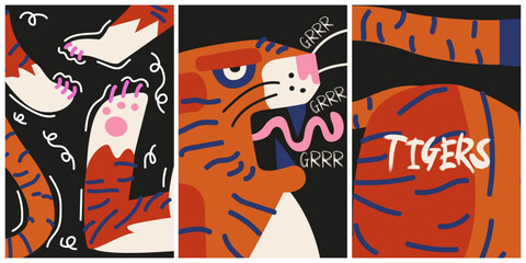 Set of vector wild animal illustrations for poster, banner, postcard or cover. Tiger illustration in modern retro style. Animal wall art print. Concept for Year of the Tiger