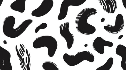 Abstract seamless pattern with black ink blots on white background.
