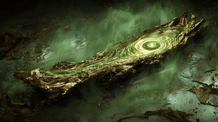 Mystical green vortex in ancient forest surreal art enigmatic environment immersive perspective