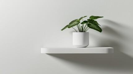 White vase with a large green plant in it. the vase is placed on a white floating shelf against a plain white wall. the plant has large, oval-shaped leaves with pointed tips and a glossy texture.