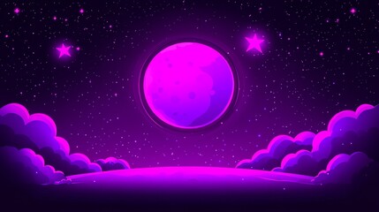 Fototapeta premium Glowing Purple Moon and Starry Night Sky with Clouds
