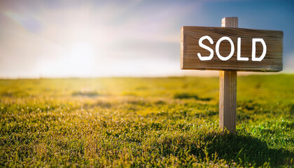 Obraz premium Wooden sign with text SOLD on green lawn. Sold plot of land. Private property.