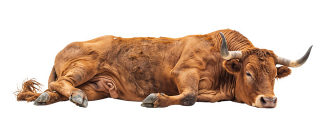 Bull with horns sleeping isolated on transparent background