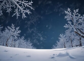 Frosty winter landscape with delicate hand-drawn snowflakes against a deep blue background,  nature, winter