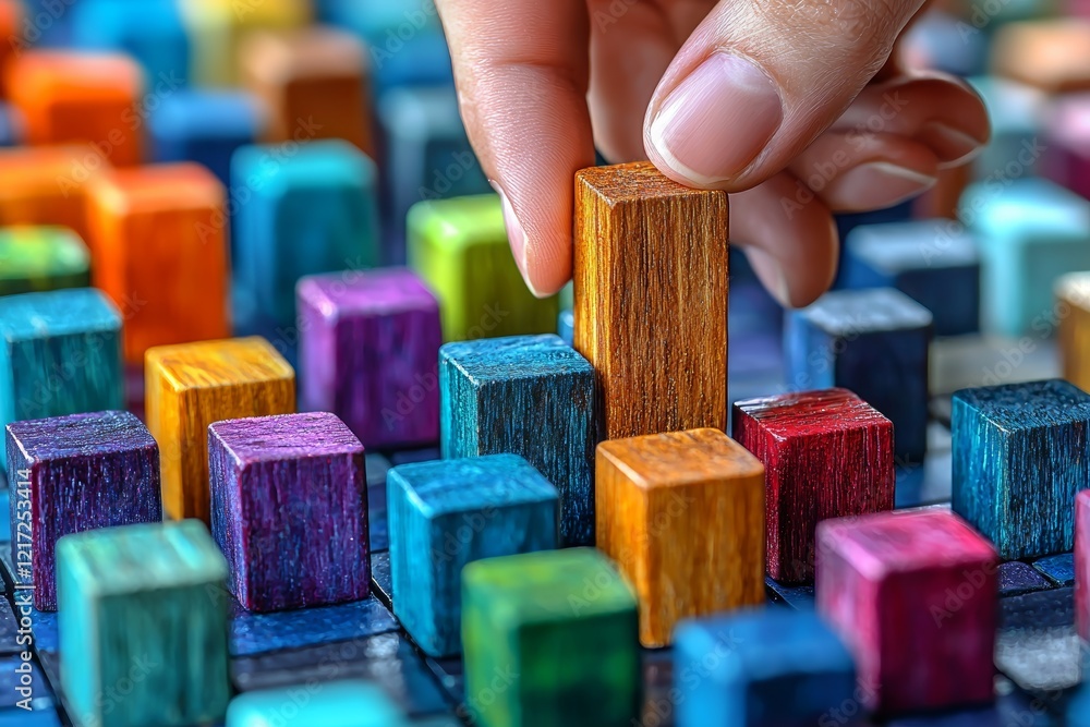 Aufkleber people icons arranged in a tangram puzzle pattern atop a wooden table, representing concepts in huma
