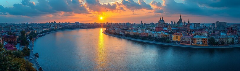 Naklejka premium A 360-degree aerial panorama of Kiev at sunset, highlighting the city's modern architecture against a picturesque evening sky