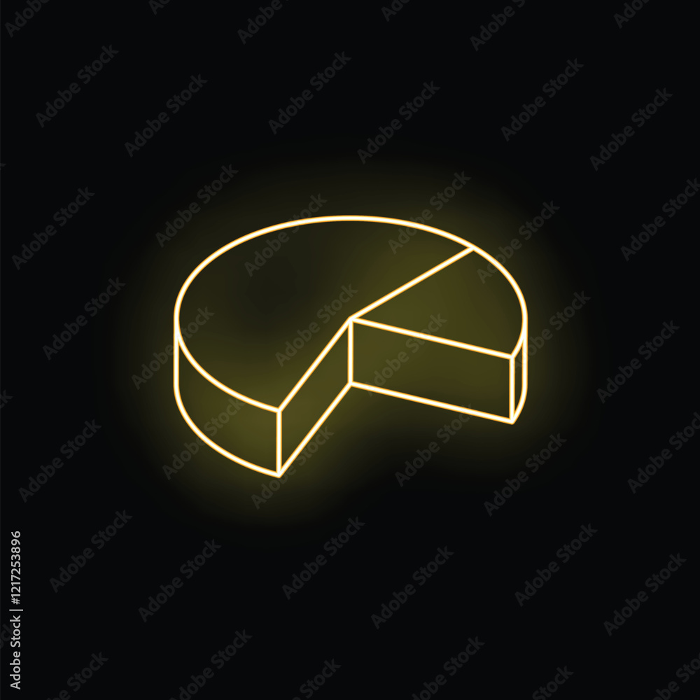 Poster glowing neon yellow pie chart with a segment separating from the rest, symbolizing market share or s