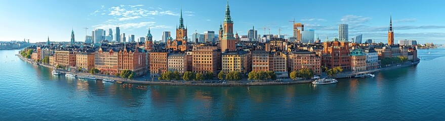 Obraz premium Summer panorama of Stockholm with the Old Town (Gamla Stan) and City Hall made from Skinnarviksberget