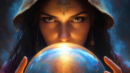 Naklejka premium Close up of female fortuneteller or esoteric Oracle gazing into crystal ball at spiritual seance, focus on eyes. Guessing for the future. Magic sphere predictions. Mind power, wallpaper or web banner