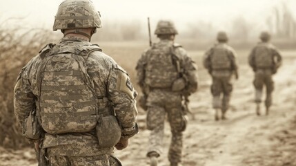 Soldiers marching through a dusty landscape, focused on their mission, with a hazy background