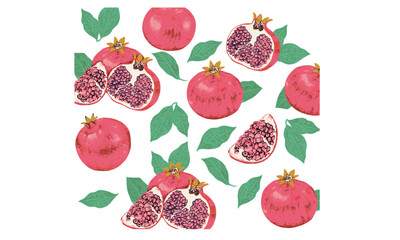 Pomegranate pattern artwork. Fresh pomegranate fruit print. Fruits of the spirit. Summer food poster design. Hand sketch artwork.