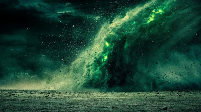 Apocalyptic storm unleashes green dust overbaron landscape capturing dark and mysterious atmosphere