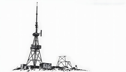 Old vintage radio tower broadcast transmitter sketch engraving PNG illustration. Scratch board style imitation. Black and white hand drawn image, studio lighting