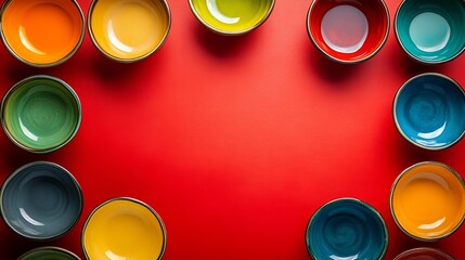Group of colorful bowls arranged on a bright red background ideal for kitchen decor and table settings