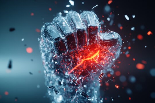 A 3D-rendered depiction of a shattered glass pane with a glowing red fist emerging from the center, symbolizing explosive anger