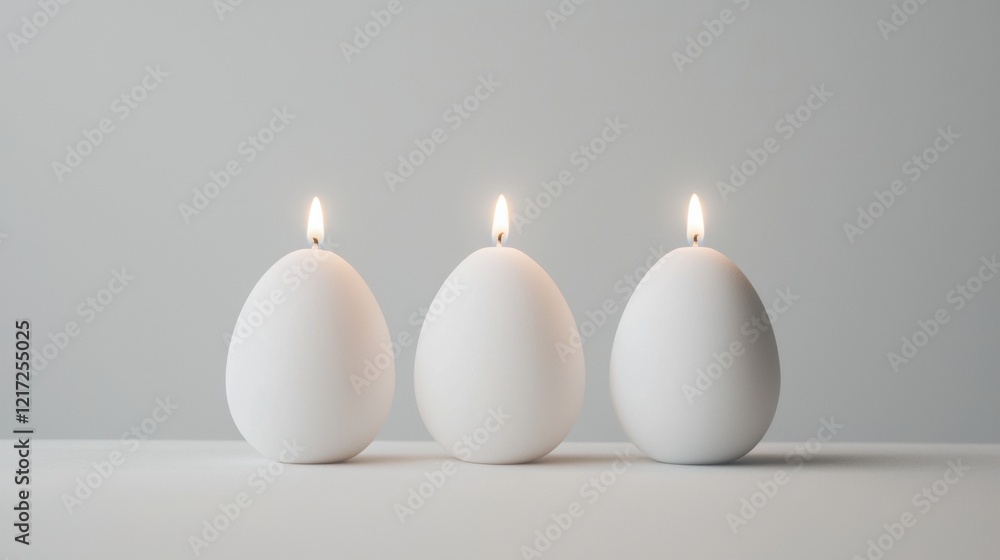 Poster three white candles arranged in a row on a plain white surface. the candles are of different sizes a