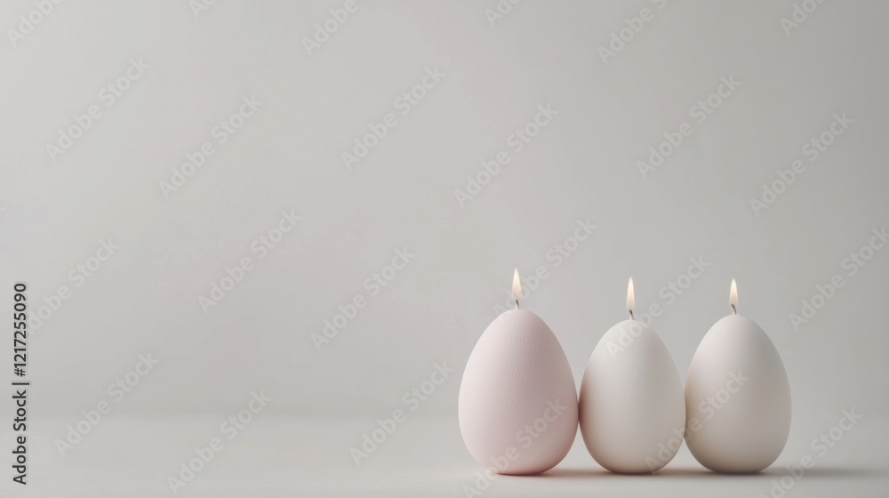 Poster three white candles arranged in a row on a plain white background. the candles are of different size
