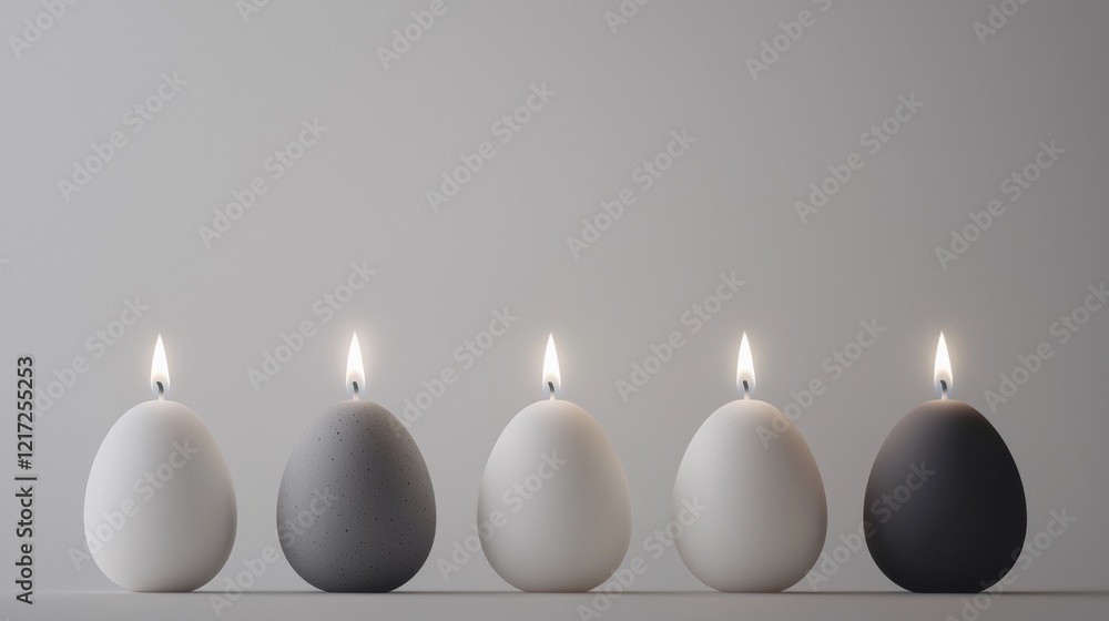 Poster five white candles arranged in a row on a plain grey background. the candles are of different sizes 