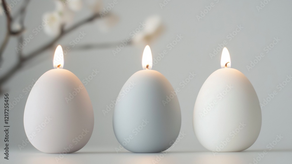 Poster three white candles arranged in a triangular formation on a white surface. the candles are of differ