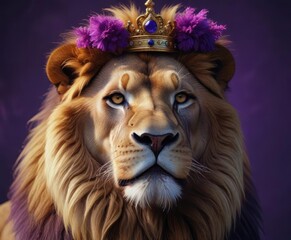 A majestic lion with a crown on its head is placed against a deep purple background, royalty, shadows, regal lion