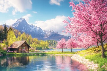 Fototapeta premium A picturesque lake reflects pink cherry blossoms and majestic mountains during spring, with a charming cabin nearby.