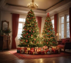 A majestic Christmas tree with a richly colored palette of ornaments and garlands shines brightly in the center of a beautifully decorated room, luxurious decor, winter wonderland