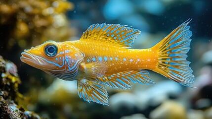 Obraz premium Yellow Fish With Blue Spotted Fins Swimming In Water