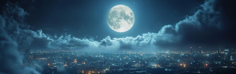 A city skyline under a full moon surrounded by stars, symbolizing calm and beauty. Perfect for travel, cityscapes, and night photography.