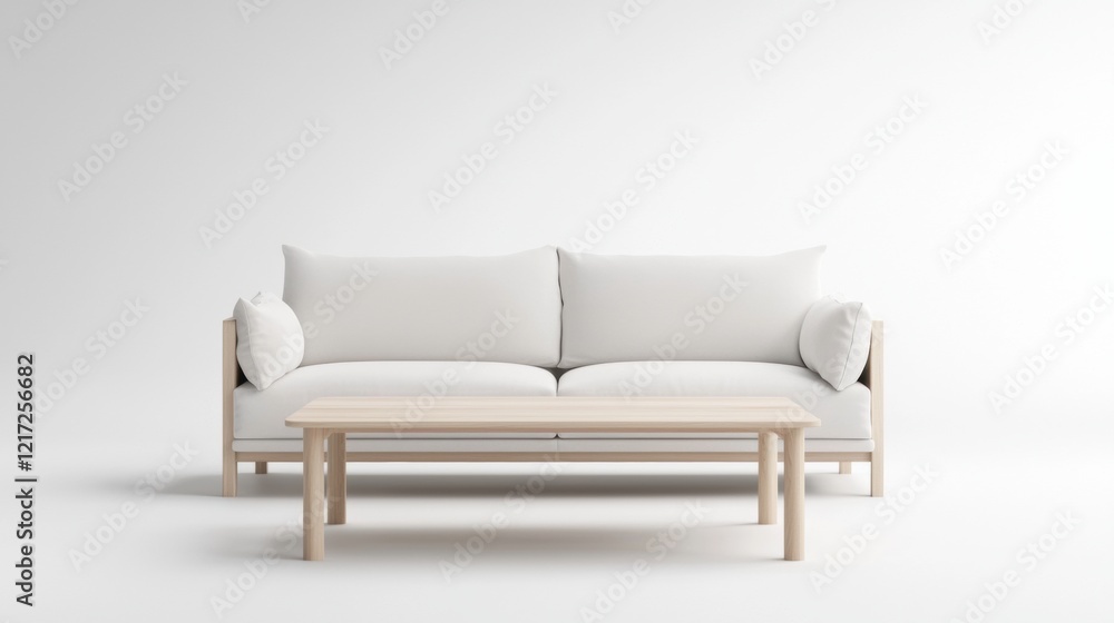Poster modern white sofa with a wooden coffee table in front of it. the sofa has a minimalist design with c