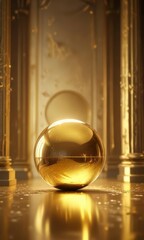 Glowing aura surrounds a solitary orb amidst abstract gold background,  ethereal,  ambient, gold