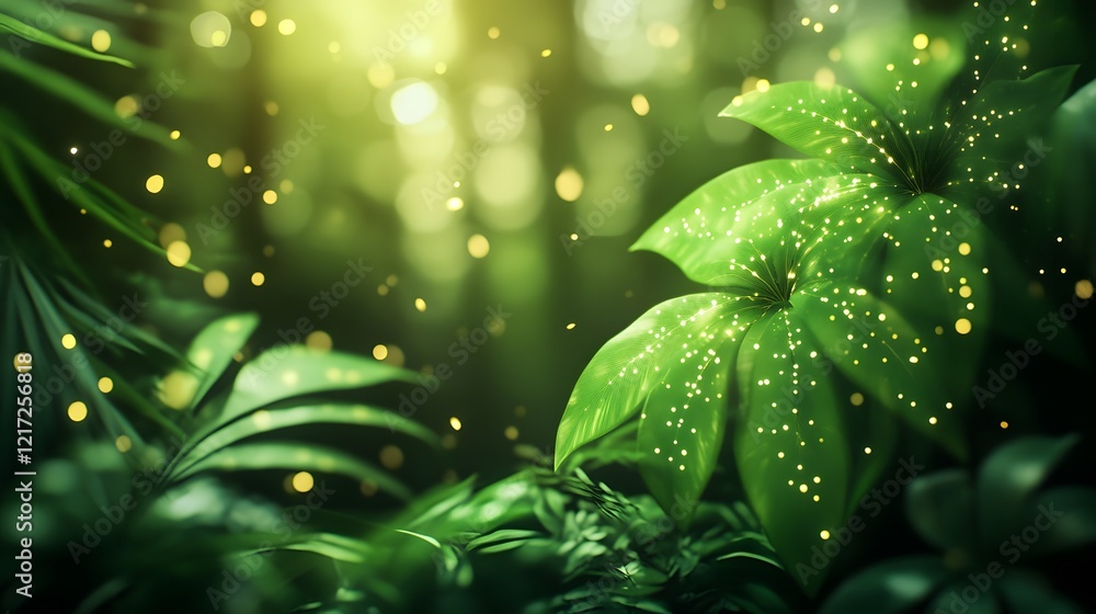 Poster enchanted forest scene with lush green leaves glimmering in the light, creating a serene and magical