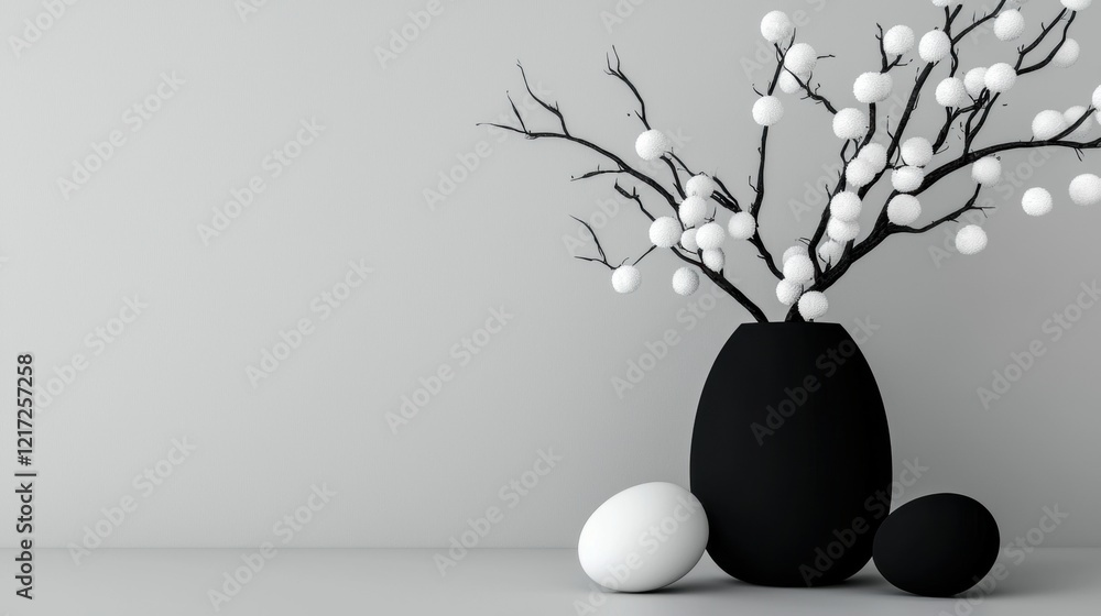 Poster black vase with a branch of white flowers in it. the branch is made up of small white balls that are