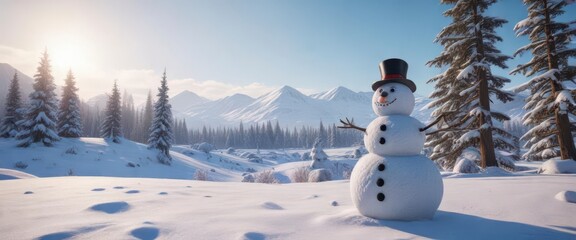 Frosty landscape with snowman in winter wonderland,  frozen lake,  serene scenery