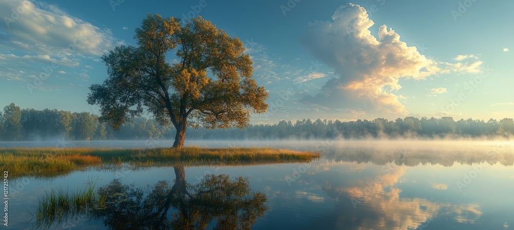 Poster pictorial representation of a summer scene at dawn with fog hovering over the landscape and a river 