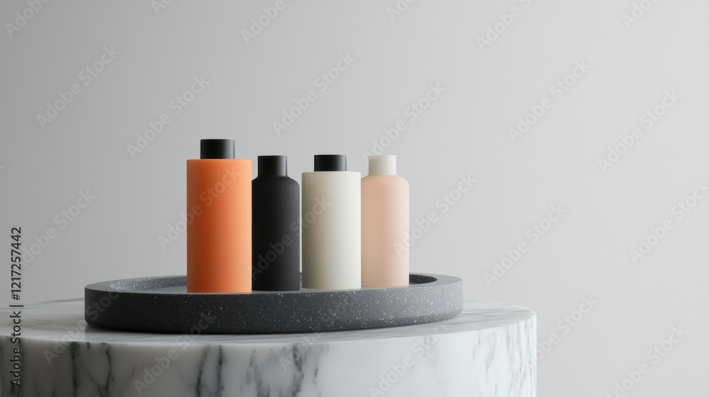 Poster group of four bottles arranged in a circular tray on a white marble surface. the bottles are of diff