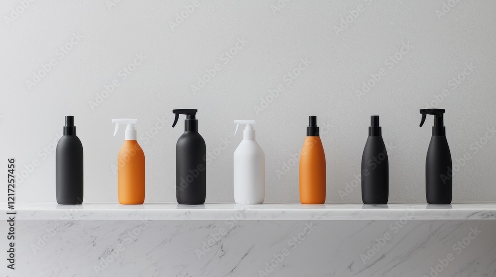 Poster row of six bottles of different sizes and colors arranged on a white marble countertop. the bottles 