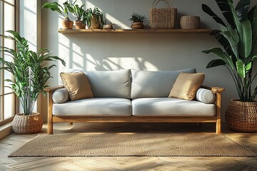 Stylish and cozy living room interior with elegant rattan accessories, a design armchair, gray sofa, and wooden shelf. It reflects a Korean-themed home decor. A hanging rattan snail adorned with