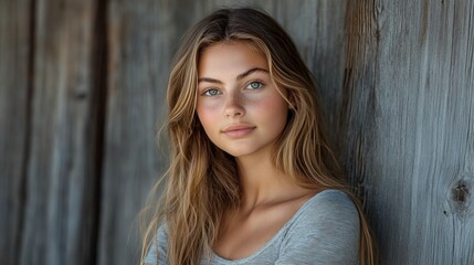 Obraz premium Young woman with long hair casually leaning against a rustic wooden wall in natural light showcasing a relaxed and carefree attitude