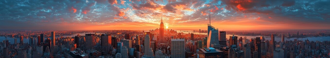 Wide-angle image of Manhattan's skyline, encompassing the downtown financial district through to Central Park