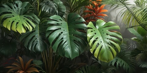Exotic Monstera palm plants with lush greenery and colorful leaves, herbs, palm, plants