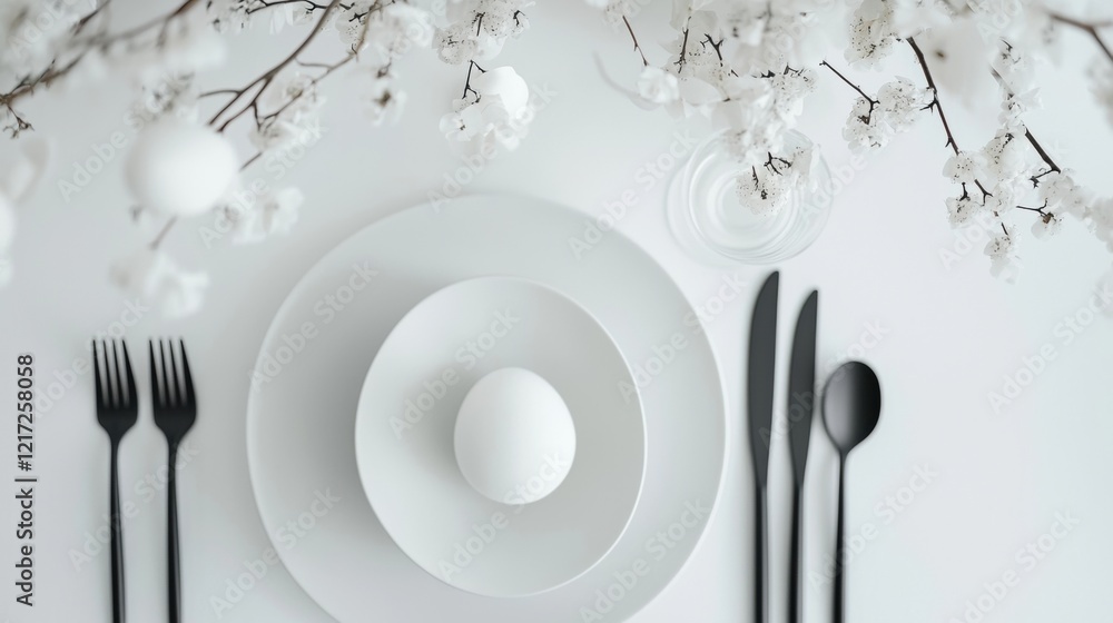Poster flat lay of a table setting with a white background. on the left side of the image, there is a white