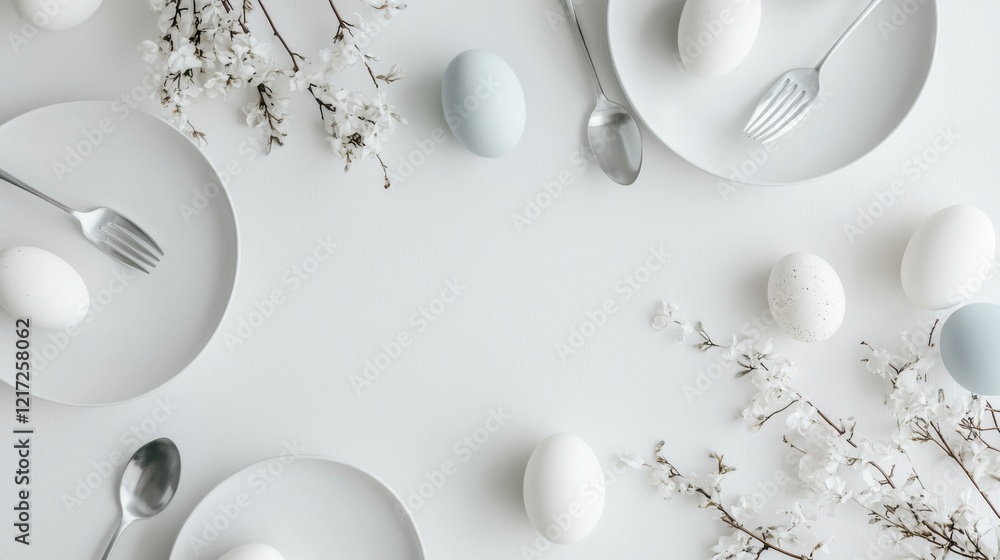 Poster flat lay of white plates and silverware arranged on a white background. there are several white eggs