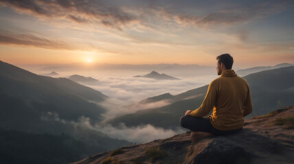 Fototapeta premium A guy in a hoodie in a lotus position sits on top of a mountain and looks at the foggy mountains
